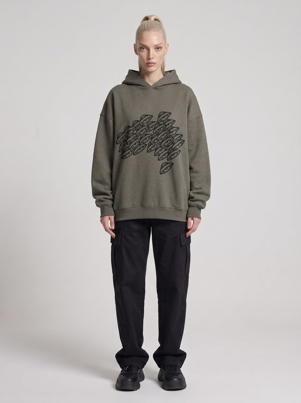 Saucer Fleet — Boxy Hoodie in Dark Gray, front, worn by female model