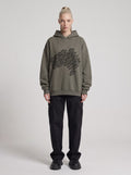Saucer Fleet — Boxy Hoodie in Dark Gray, front, worn by female model