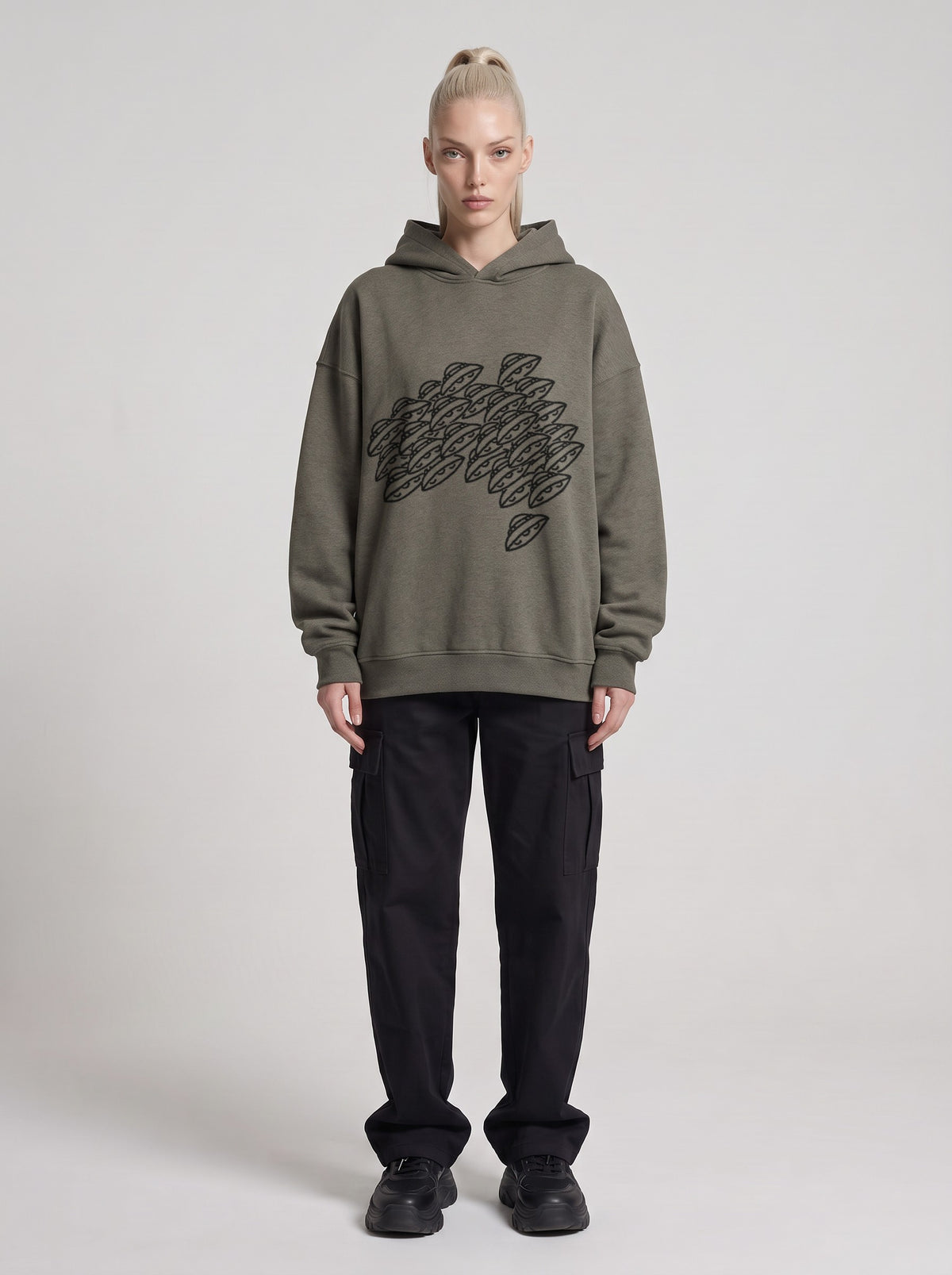 Saucer Fleet — Boxy Hoodie in Dark Gray, front, worn by female model