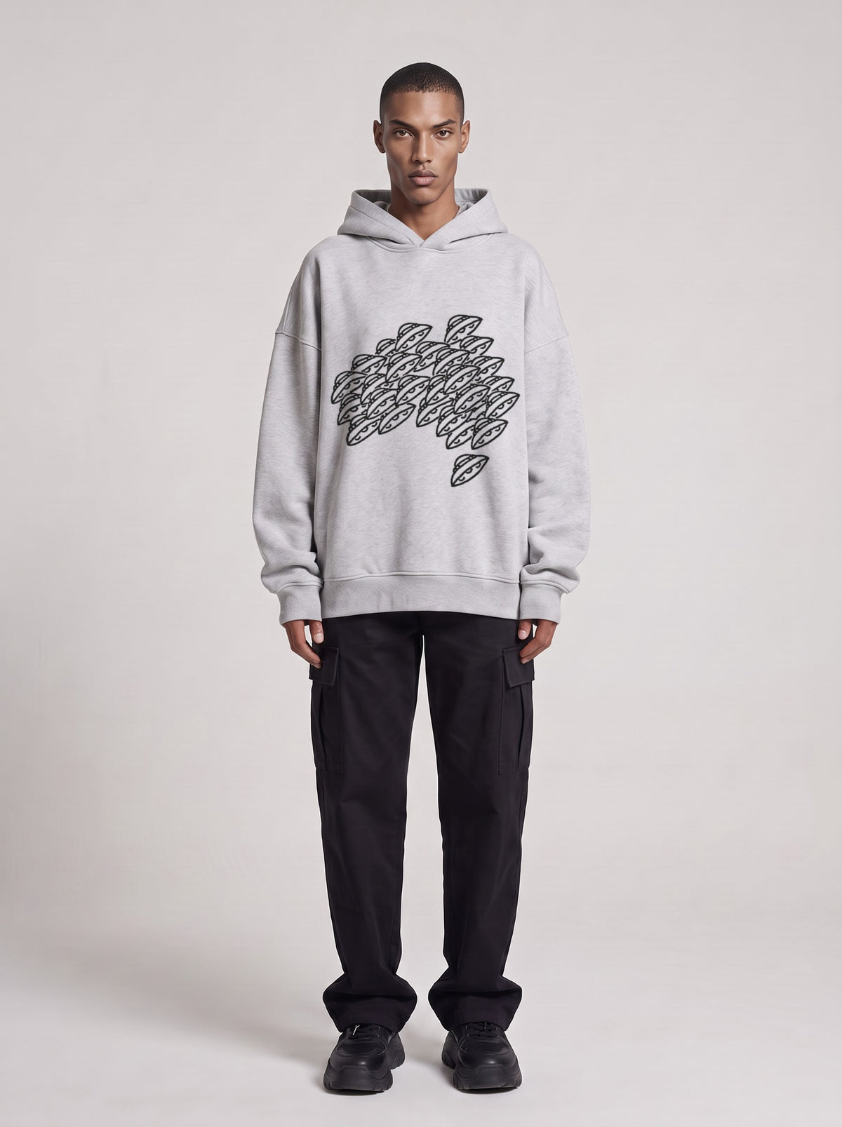 Saucer Fleet — Boxy Hoodie in Flower Gray, front, worn by male model