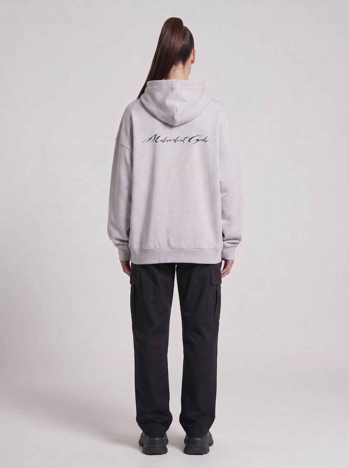 Saucer Fleet — Boxy Hoodie in Flower Gray, back, worn by female model