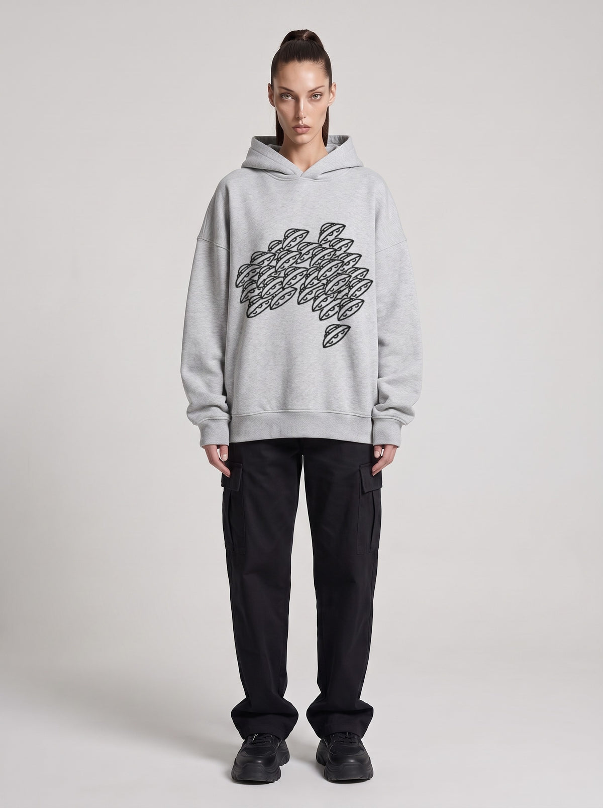 Saucer Fleet — Boxy Hoodie in Flower Gray, front, worn by female model
