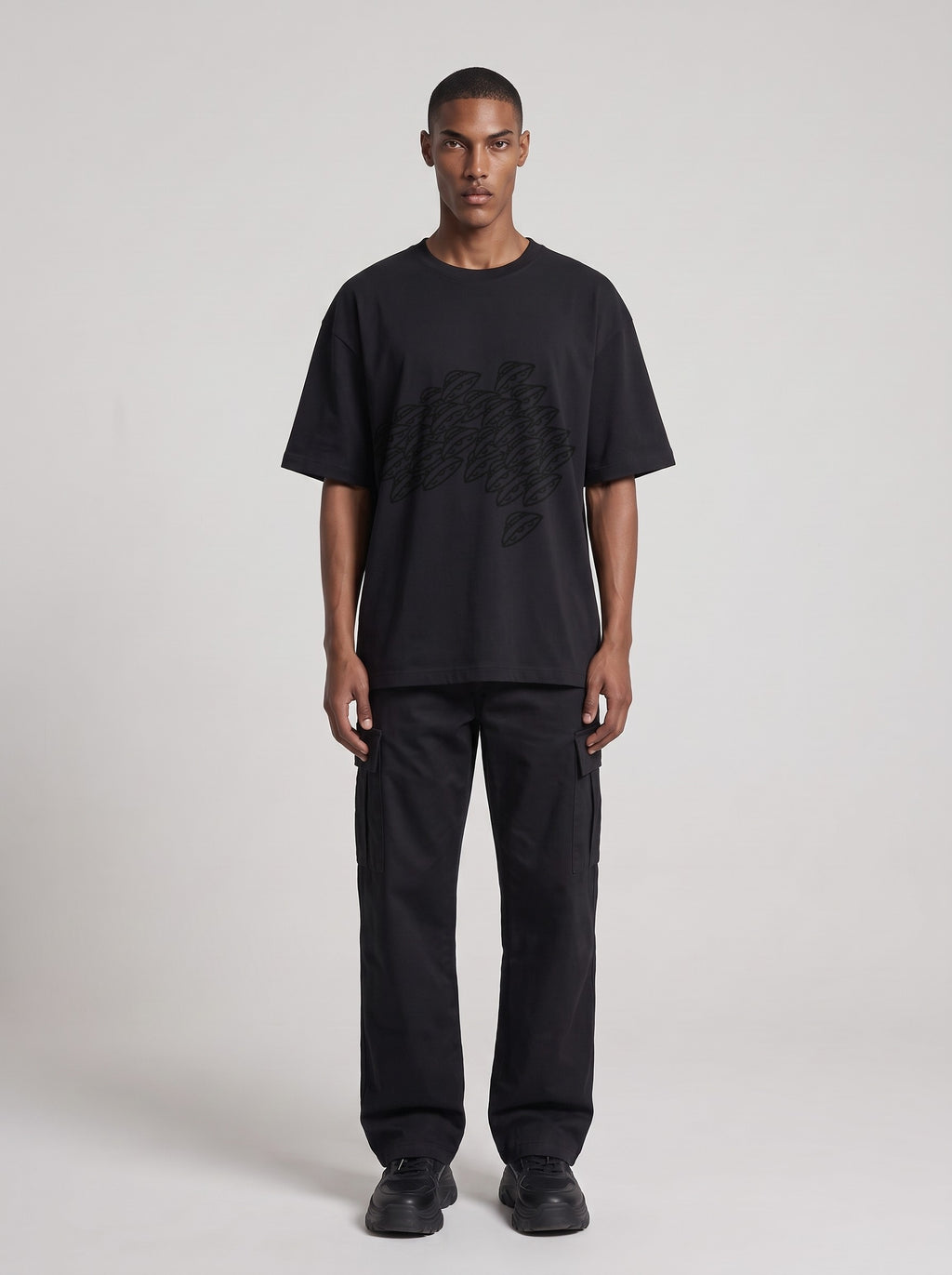 Saucer Fleet — Drop Shoulder T-Shirt in Black Beauty, front, worn by male model