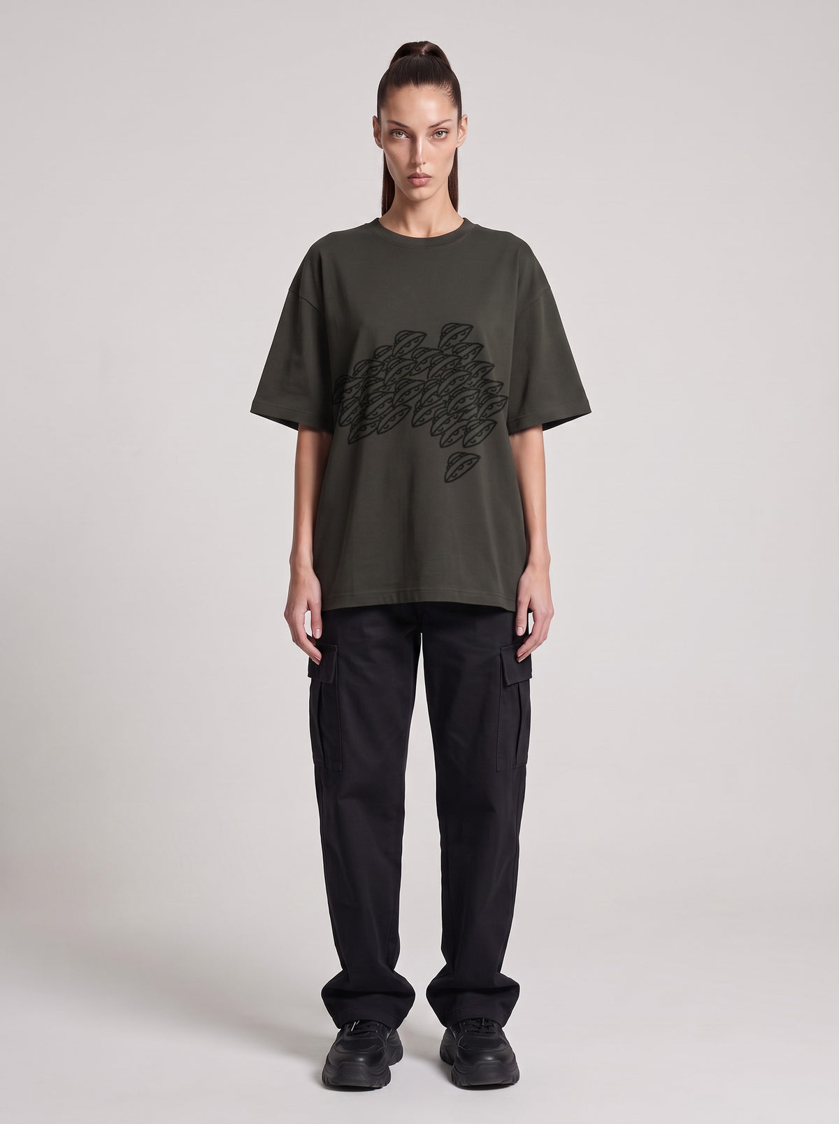 Saucer Fleet — Drop Shoulder T-Shirt in Dark Gray, front, worn by female model