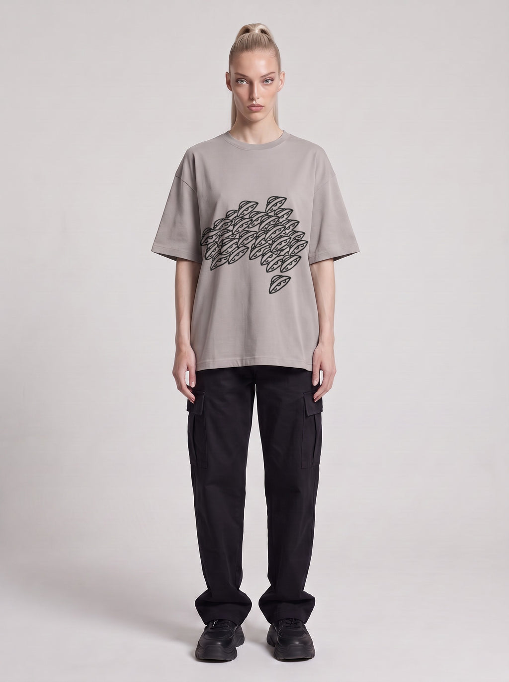 Saucer Fleet — Drop Shoulder T-Shirt in Light Gray, front, worn by male model