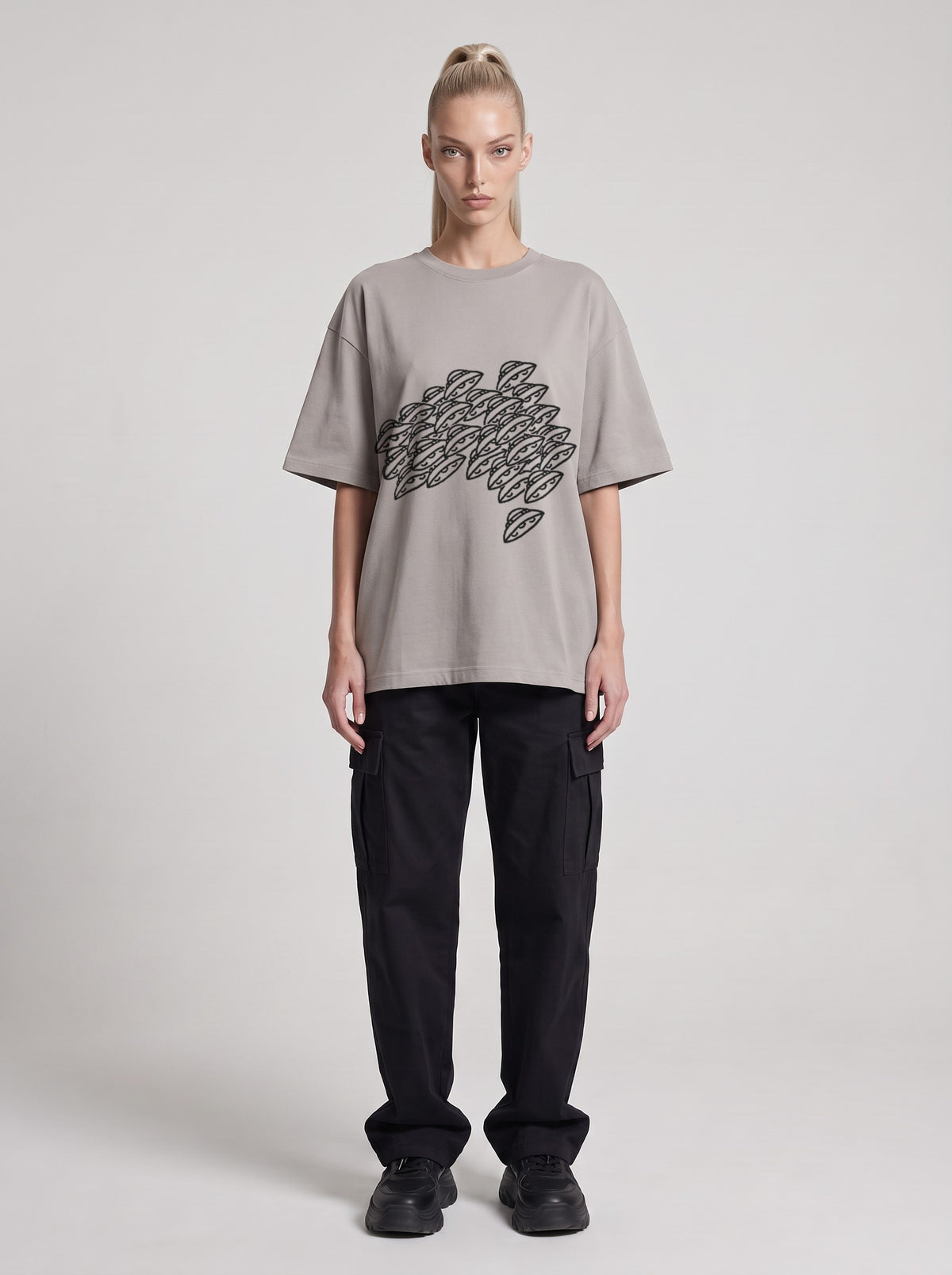 Saucer Fleet — Drop Shoulder T-Shirt in Light Gray, front, worn by female model