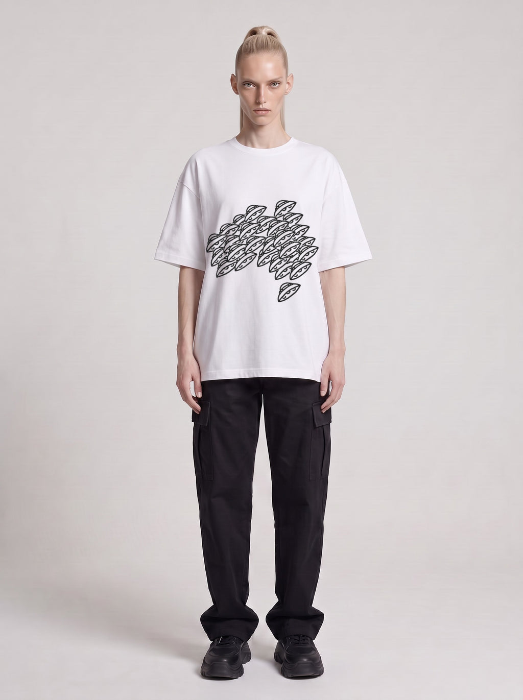 Saucer Fleet — Drop Shoulder T-Shirt in Lucent White, front, worn by male model