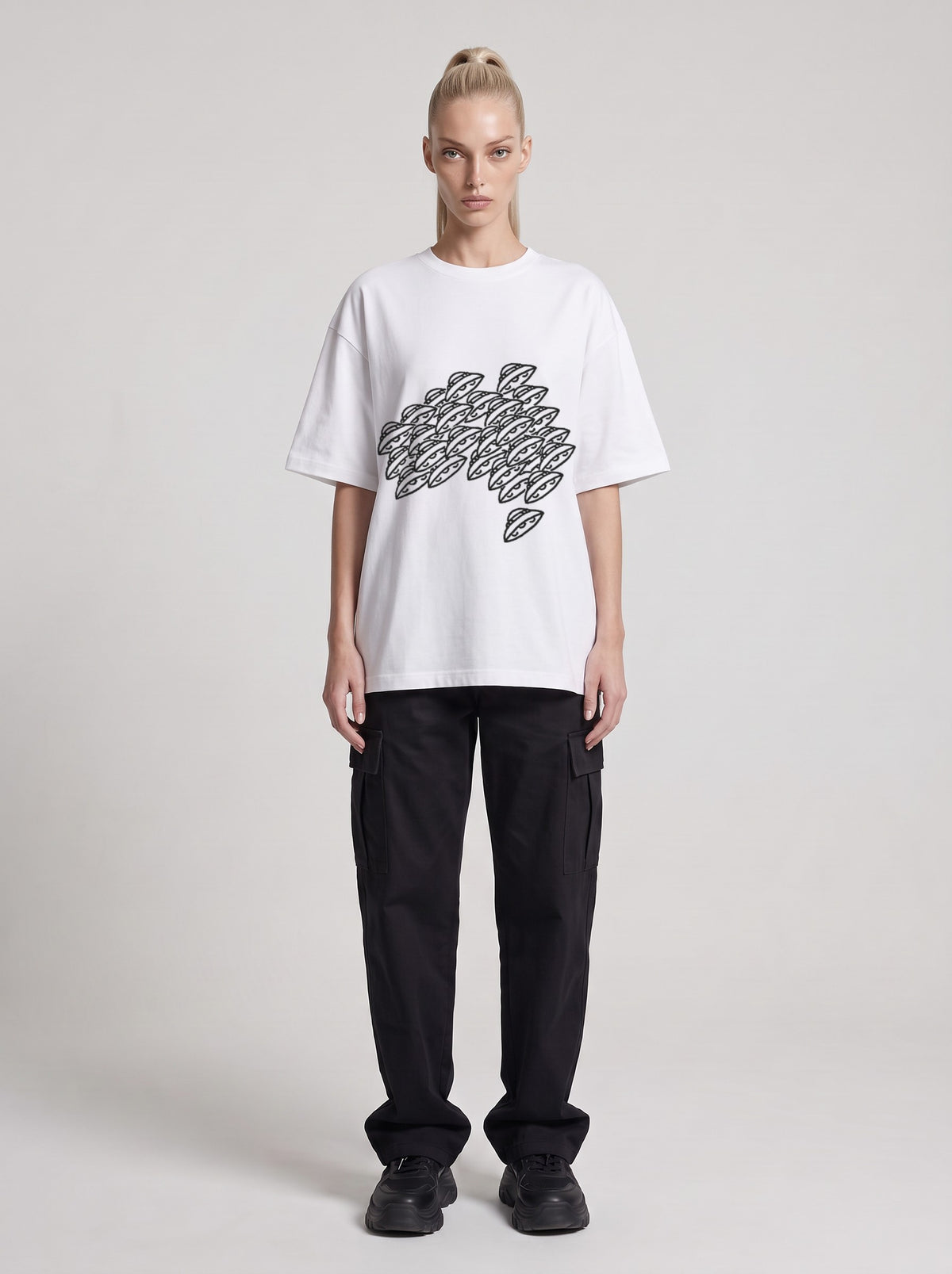 Saucer Fleet — Drop Shoulder T-Shirt in Lucent White, front, worn by female model