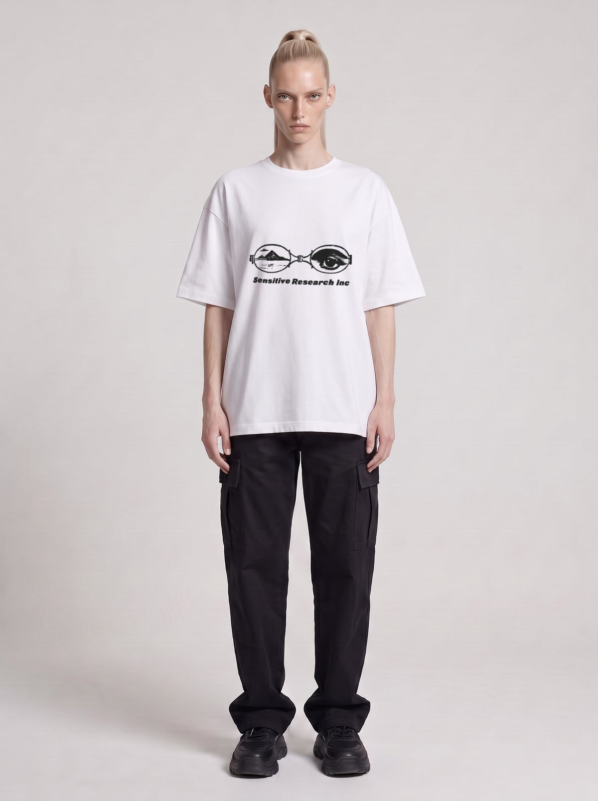 Sensitive Research — Drop Shoulder T-Shirt in Lucent White, front, worn by male model