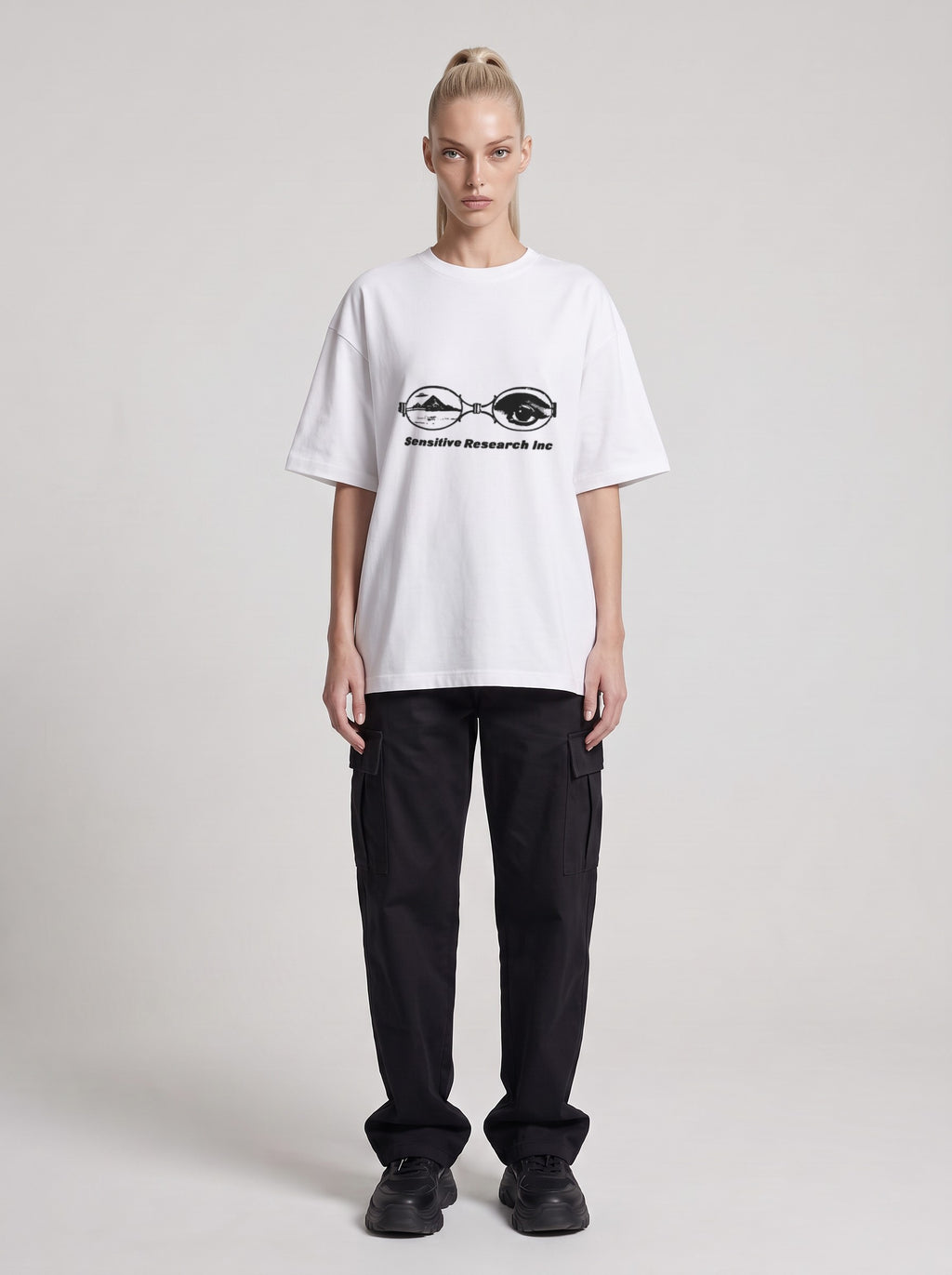 Sensitive Research — Drop Shoulder T-Shirt in Lucent White, front, worn by female model