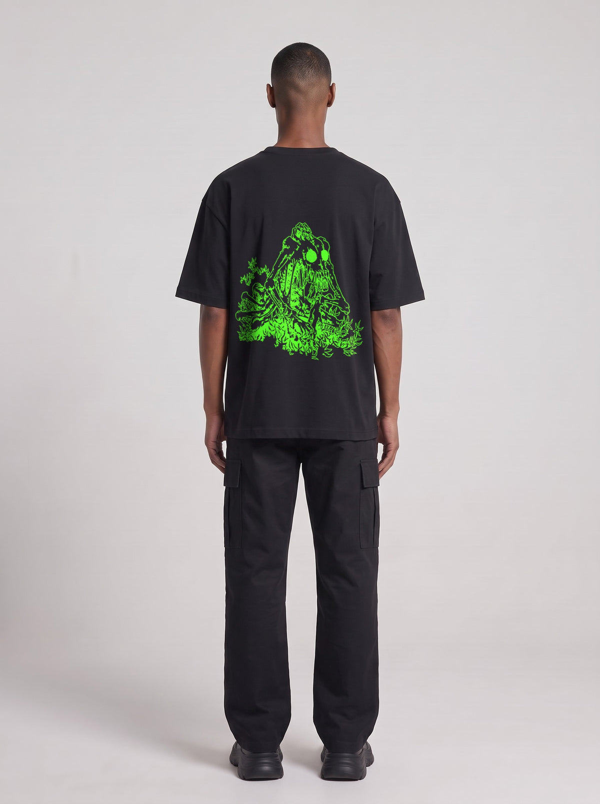 Specimen Neon — Drop Shoulder T-Shirt in Black Beauty, back, worn by male model