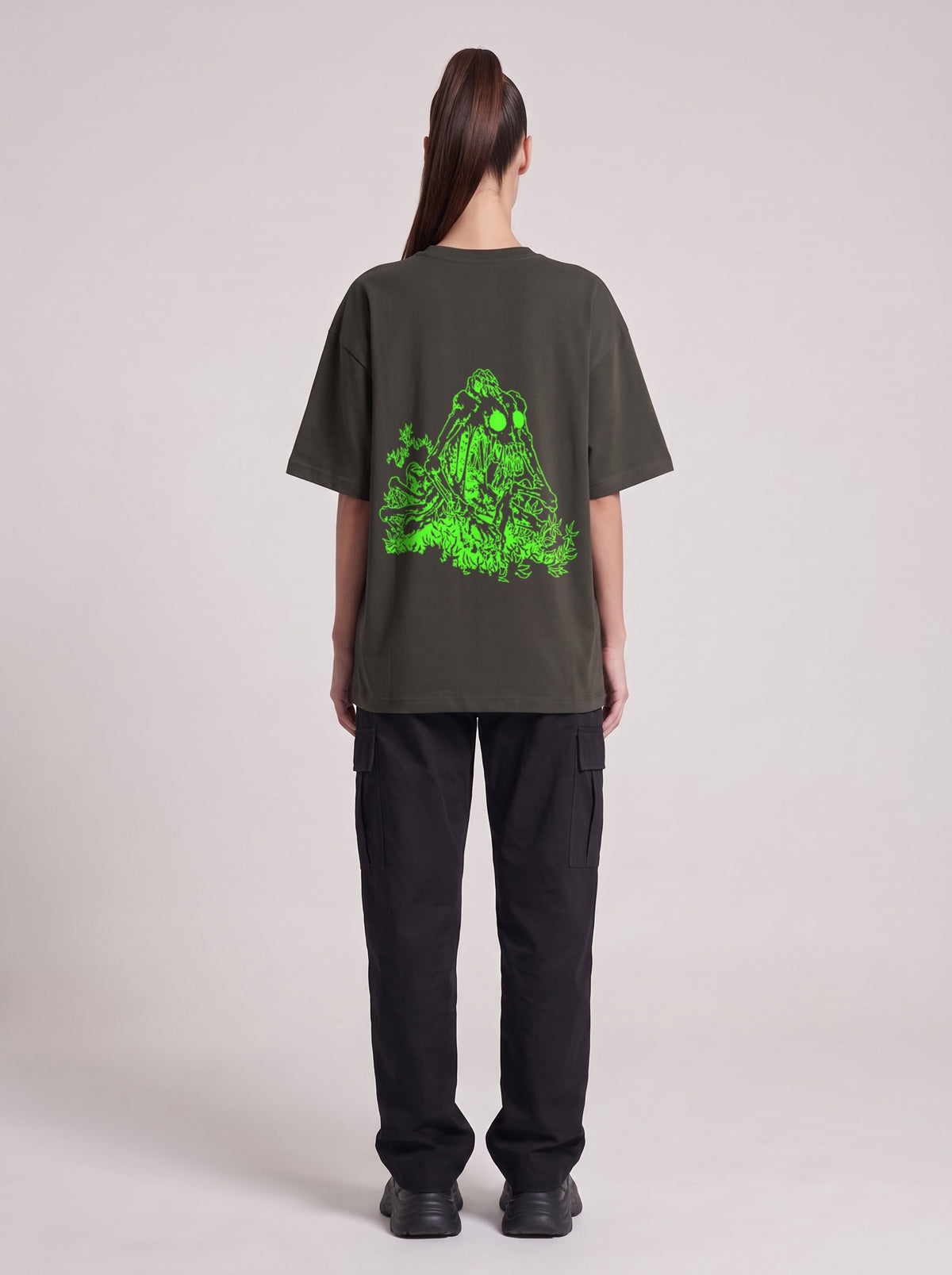 Specimen Neon — Drop Shoulder T-Shirt in Dark Gray, back, worn by female model