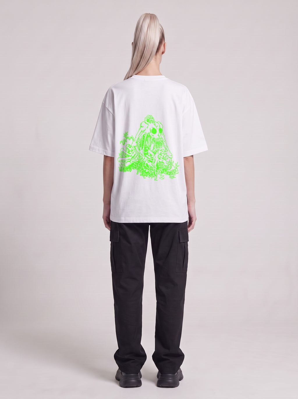 Specimen Neon — Drop Shoulder T-Shirt in Lucent White, back, worn by female model