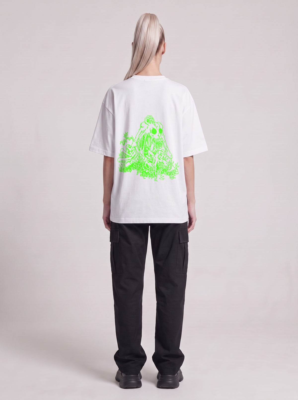 Specimen Neon — Drop Shoulder T-Shirt in Lucent White, back, worn by female model
