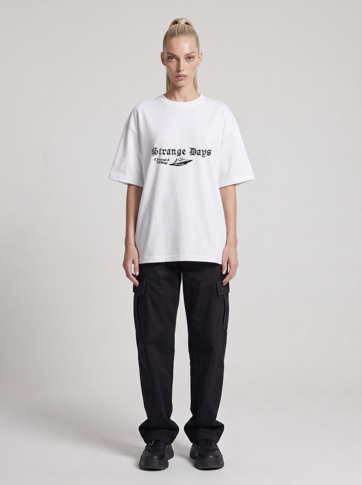 Strange Days — Drop Shoulder T-Shirt in Lucent White, front, worn by female model