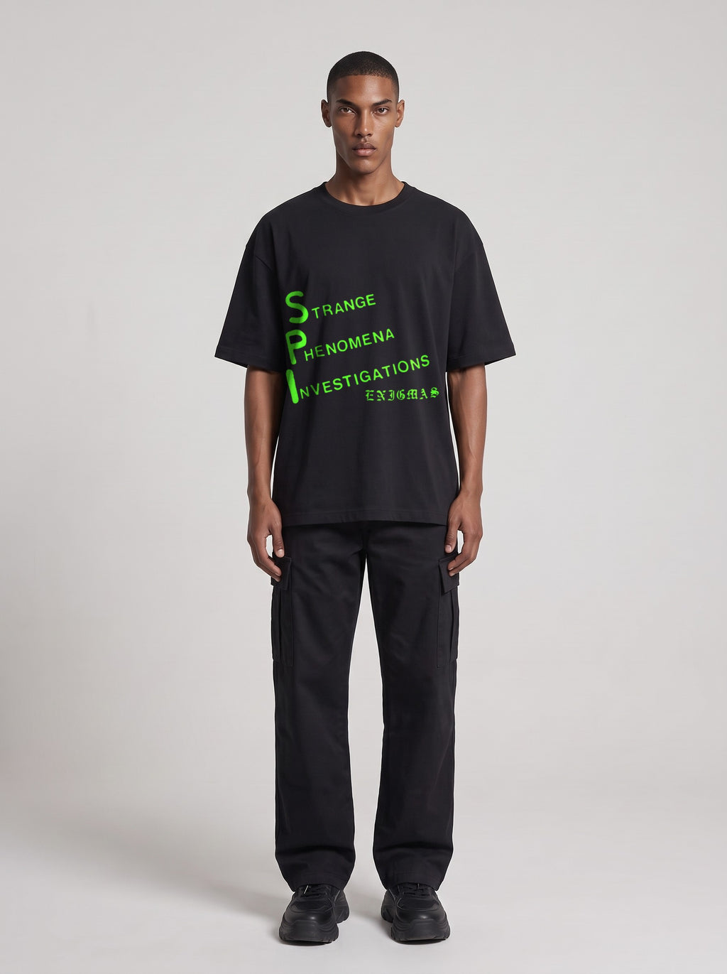 Strange Phenomena Neon — Drop Shoulder T-Shirt in Black Beauty, front, worn by male model