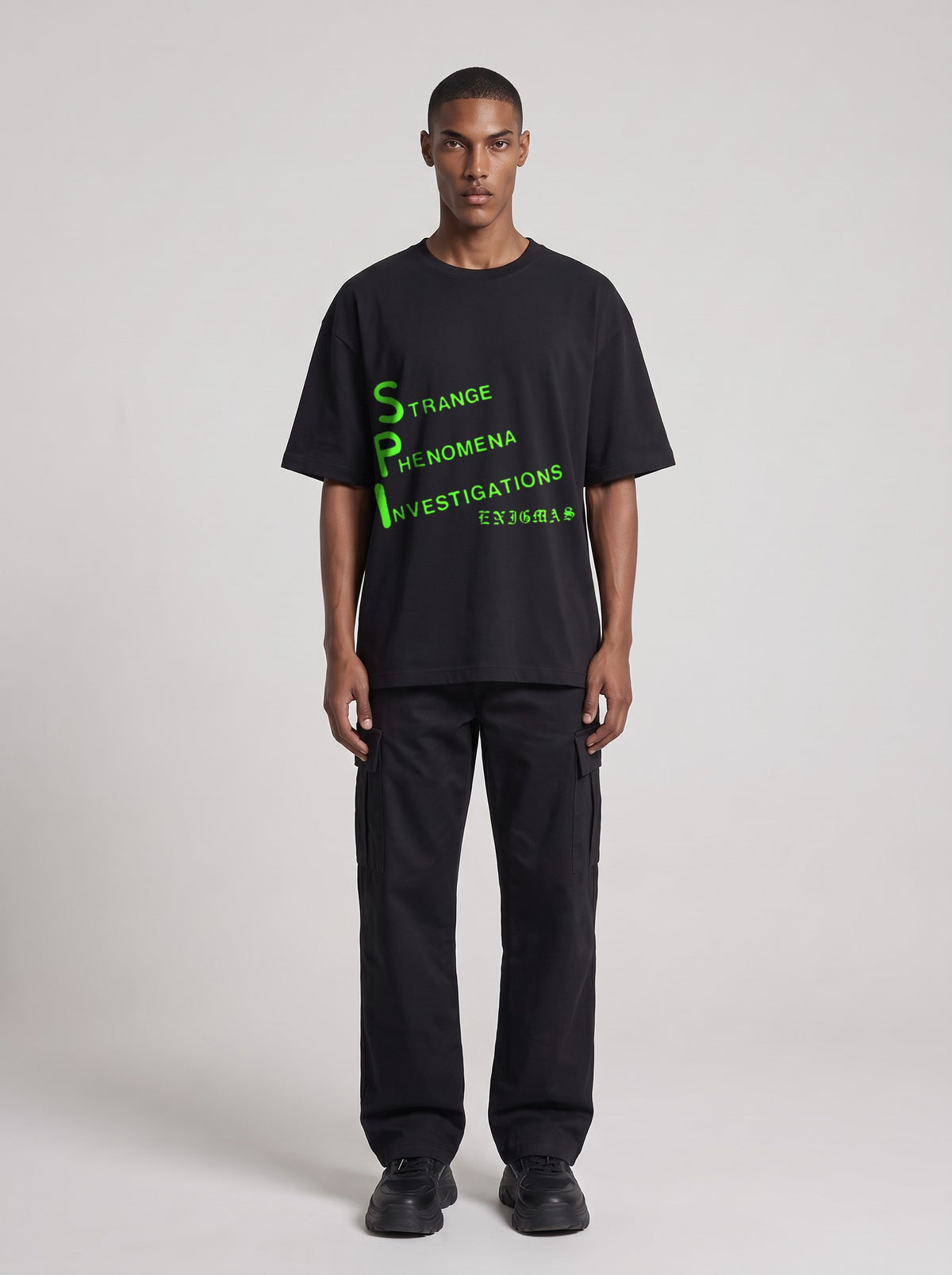 Strange Phenomena Neon — Drop Shoulder T-Shirt in Black Beauty, front, worn by male model