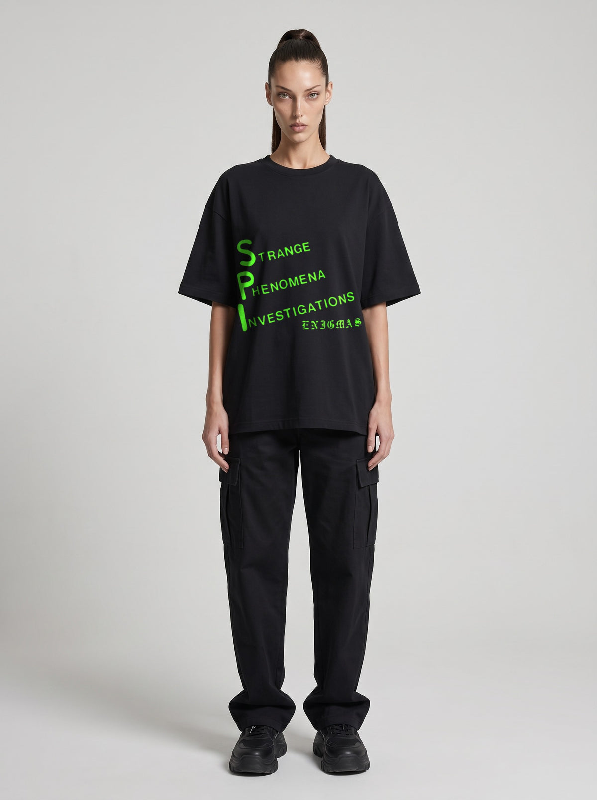 Strange Phenomena Neon — Drop Shoulder T-Shirt in Black Beauty, front, worn by female model
