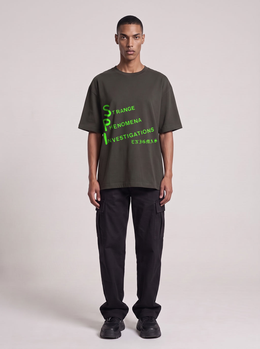 Strange Phenomena Neon — Drop Shoulder T-Shirt in Dark Gray, front, worn by male model