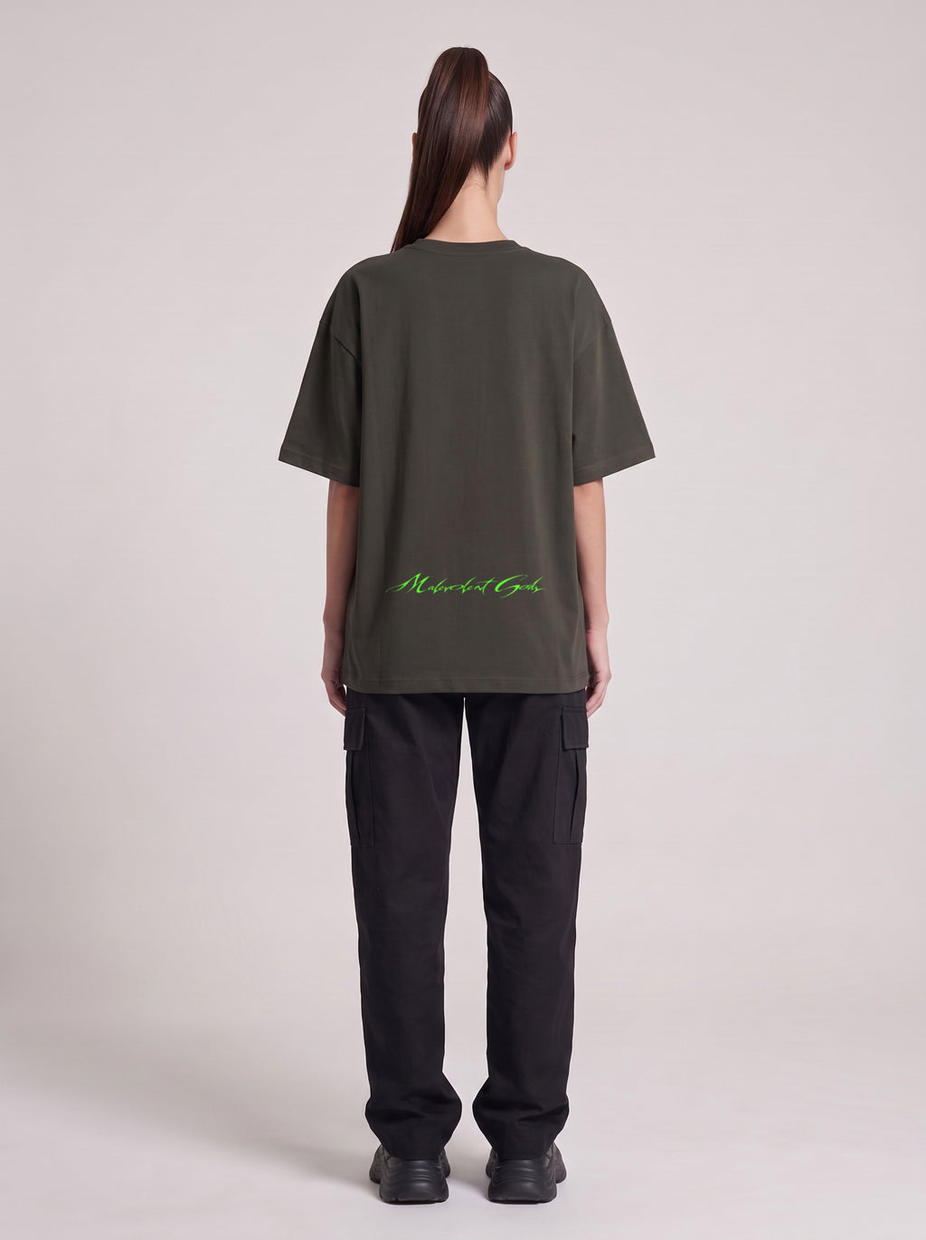 Strange Phenomena Neon — Drop Shoulder T-Shirt in Dark Gray, back, worn by female model