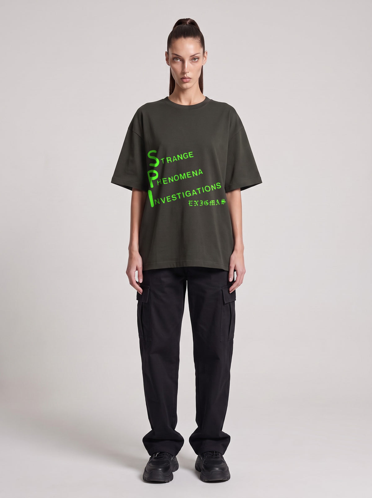 Strange Phenomena Neon — Drop Shoulder T-Shirt in Dark Gray, front, worn by female model