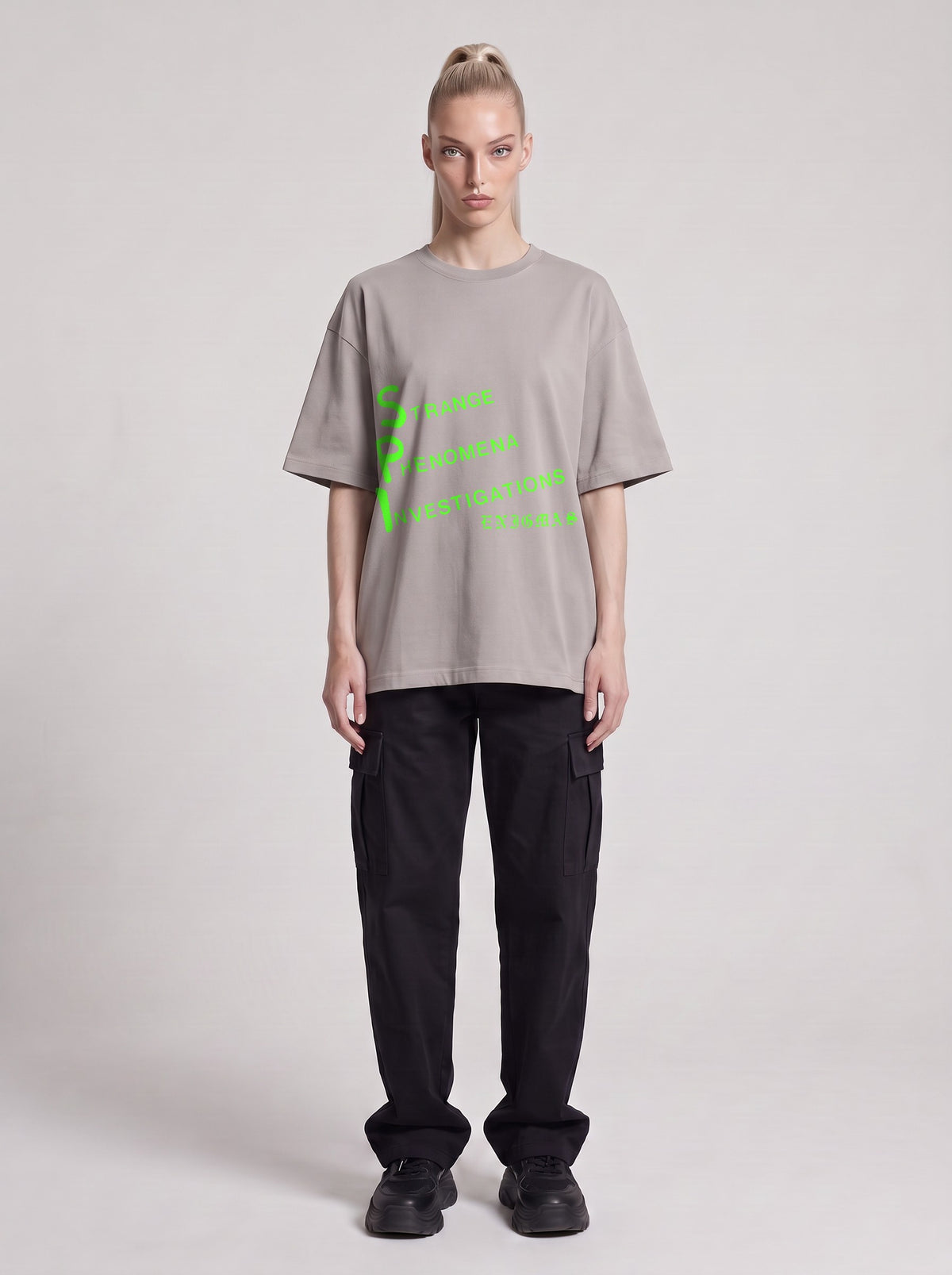 Strange Phenomena Neon — Drop Shoulder T-Shirt in Light Gray, front, worn by male model