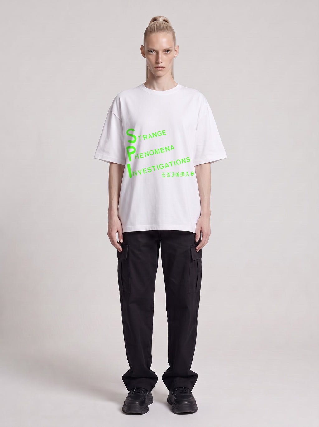 Strange Phenomena Neon — Drop Shoulder T-Shirt in Lucent White, front, worn by male model