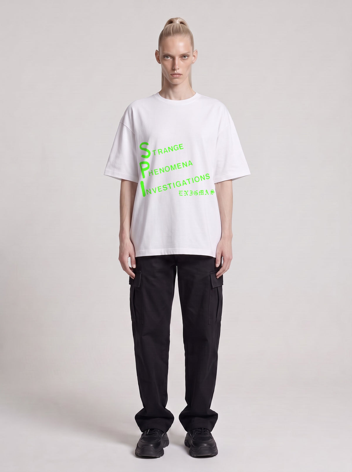 Strange Phenomena Neon — Drop Shoulder T-Shirt in Lucent White, front, worn by male model