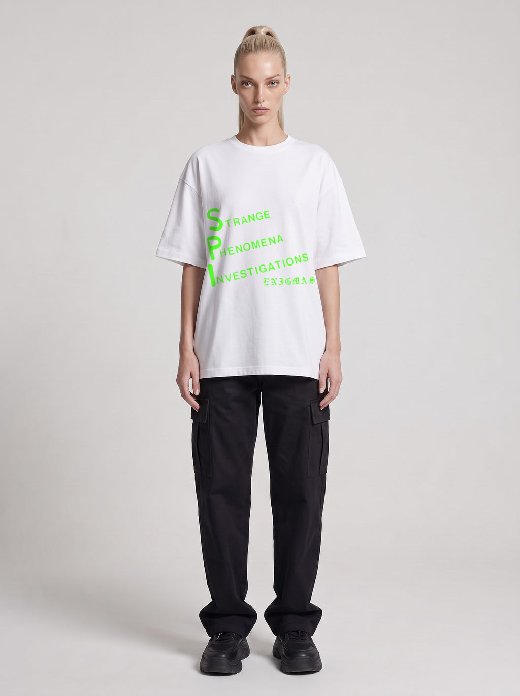 Strange Phenomena Neon — Drop Shoulder T-Shirt in Lucent White, front, worn by female model
