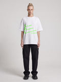 Strange Phenomena Neon — Drop Shoulder T-Shirt in Lucent White, front, worn by female model