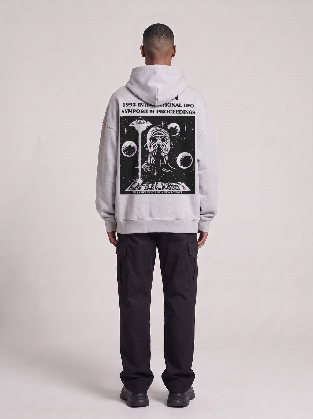Symposium 1993 — Boxy Hoodie in Flower Gray, back, worn by male model