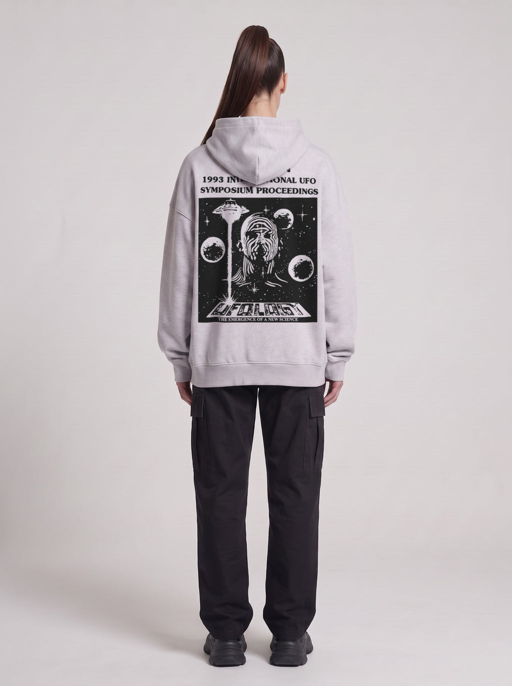 Symposium 1993 — Boxy Hoodie in Flower Gray, back, worn by female model