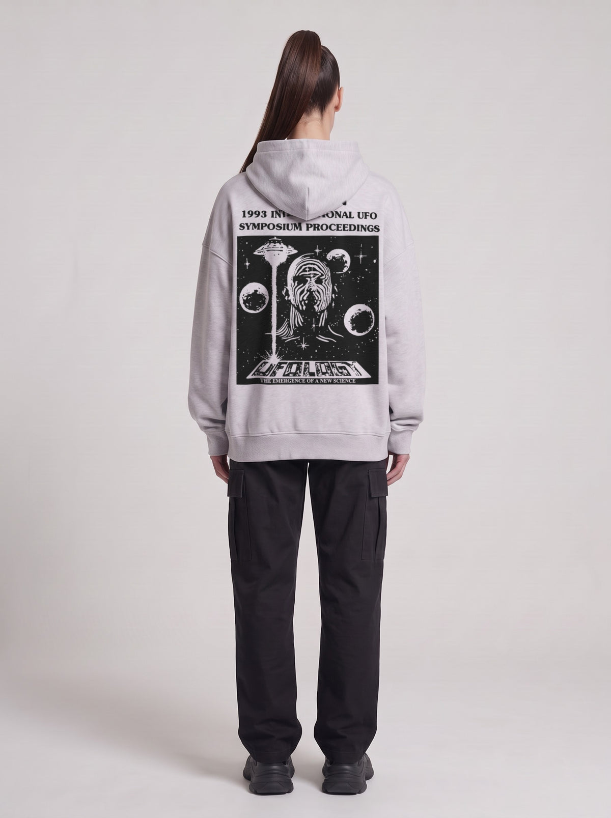 Symposium 1993 — Boxy Hoodie in Flower Gray, back, worn by female model