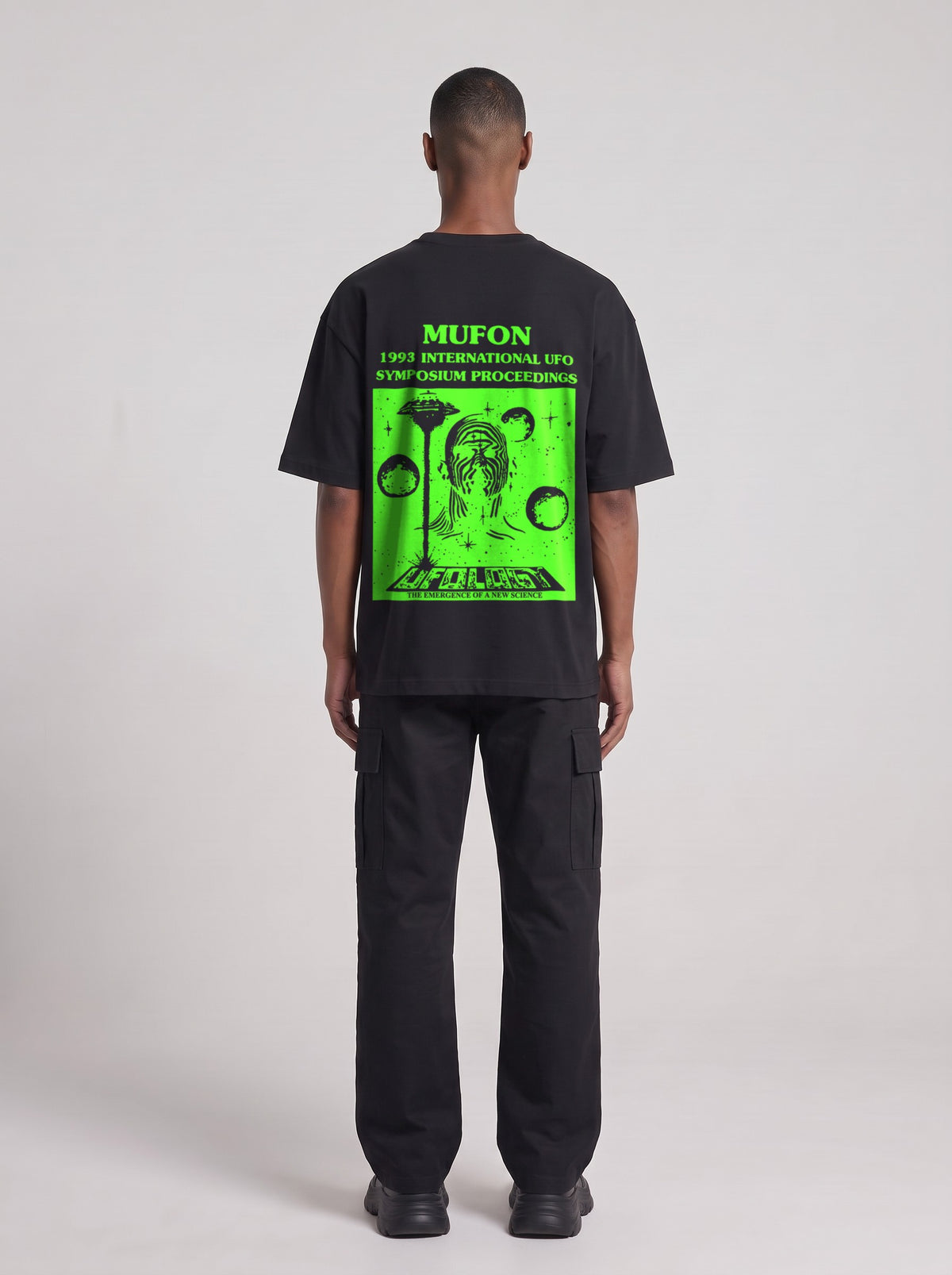 Symposium 1993 Neon — Drop Shoulder T-Shirt in Black Beauty, back, worn by male model
