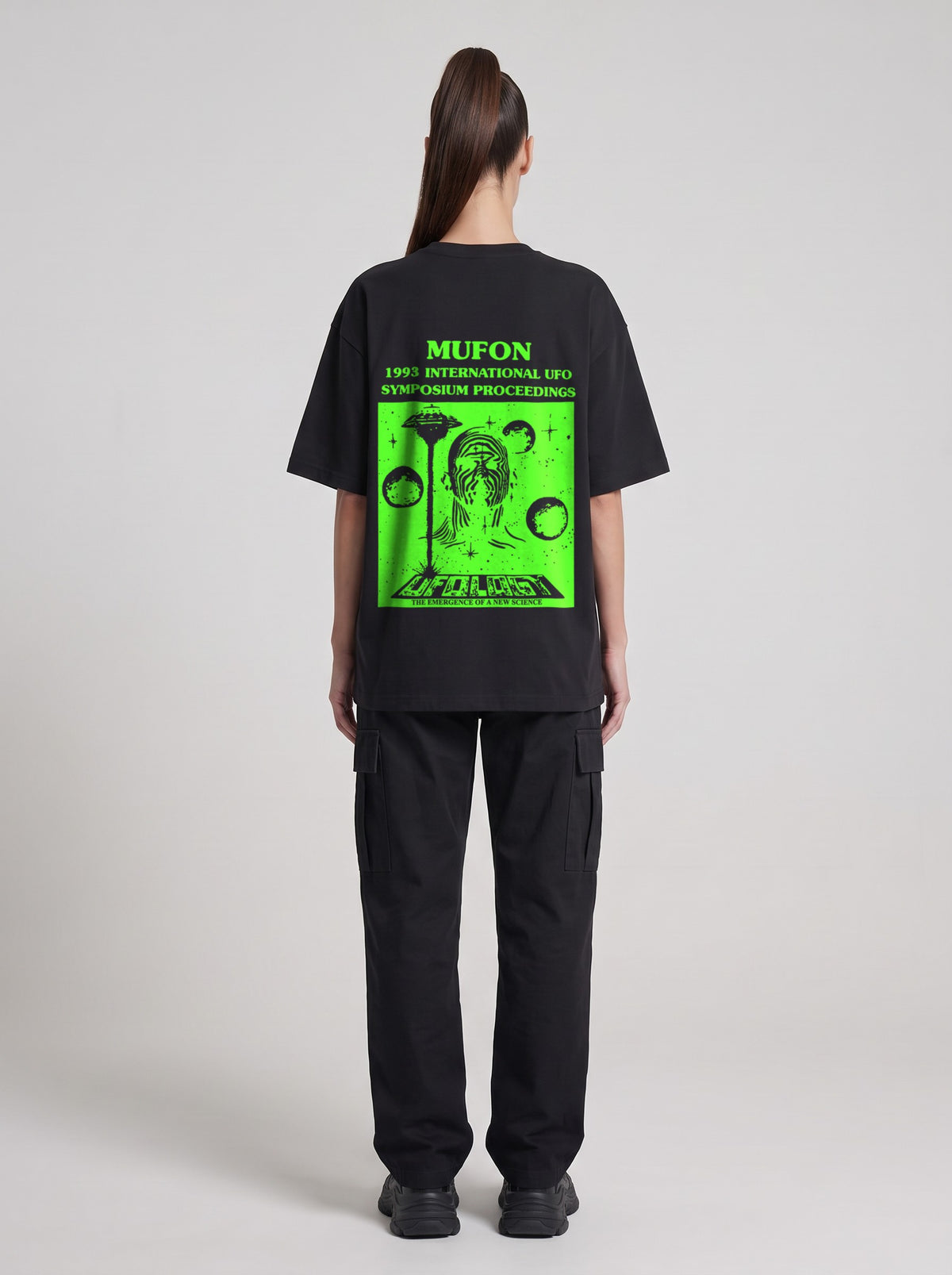 Symposium 1993 Neon — Drop Shoulder T-Shirt in Black Beauty, back, worn by female model