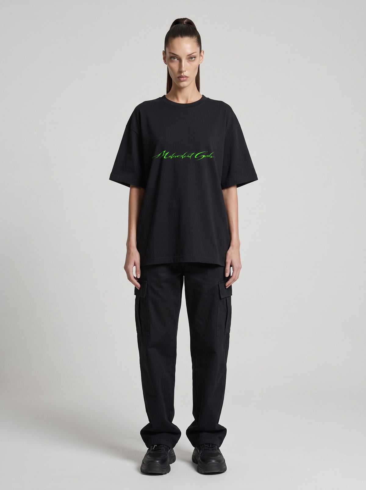 Symposium 1993 Neon — Drop Shoulder T-Shirt in Black Beauty, front, worn by female model