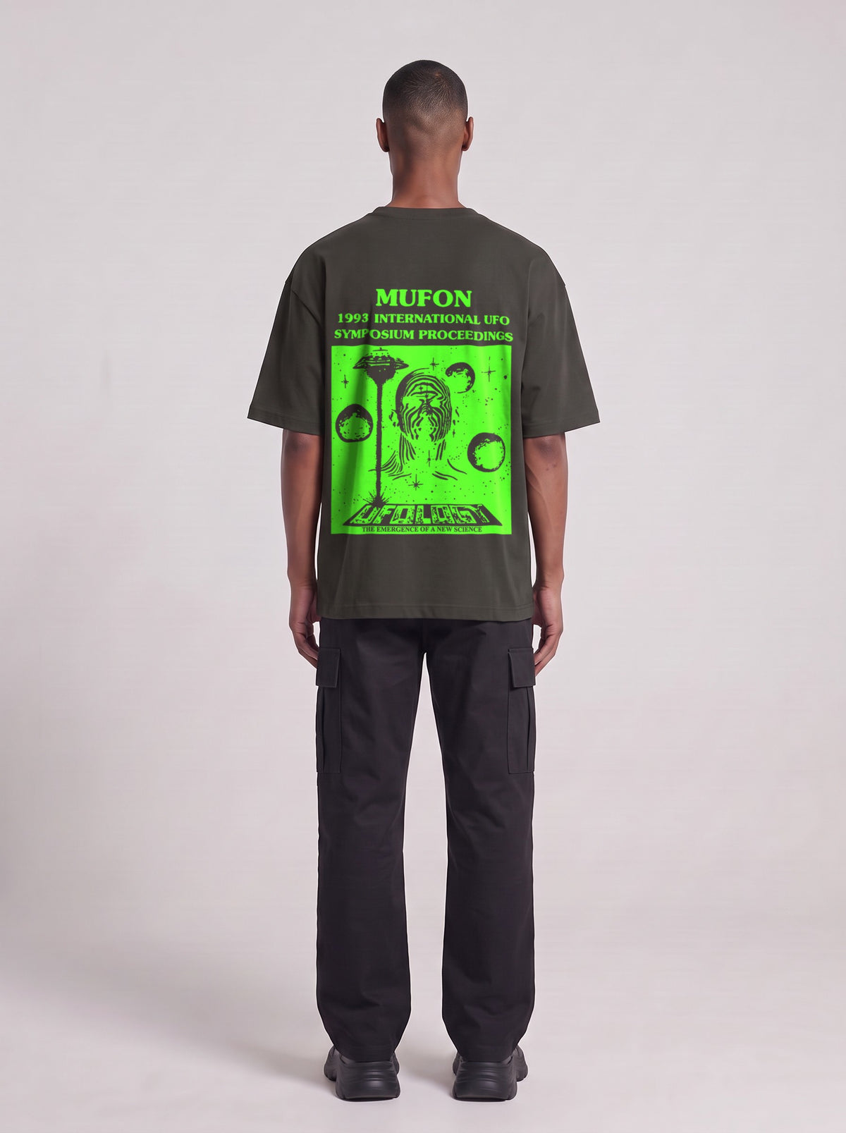 Symposium 1993 Neon — Drop Shoulder T-Shirt in Dark Gray, back, worn by male model