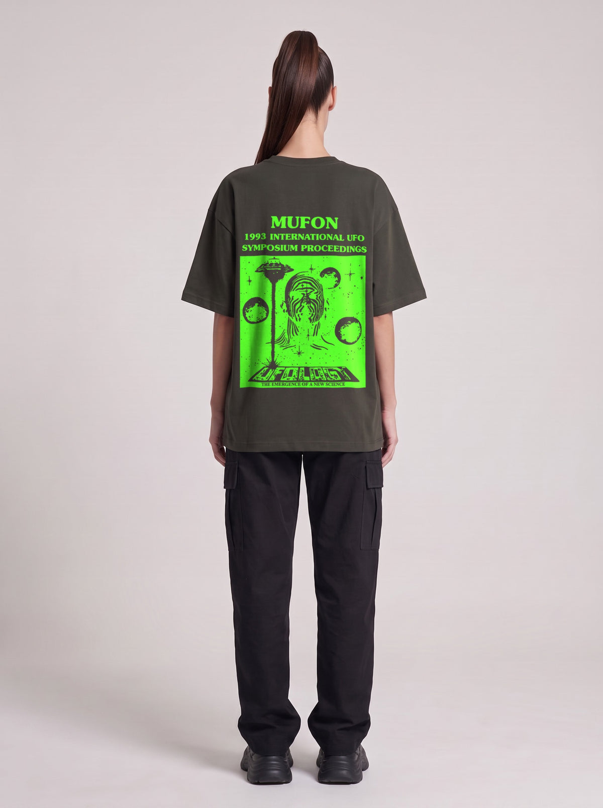 Symposium 1993 Neon — Drop Shoulder T-Shirt in Dark Gray, back, worn by female model