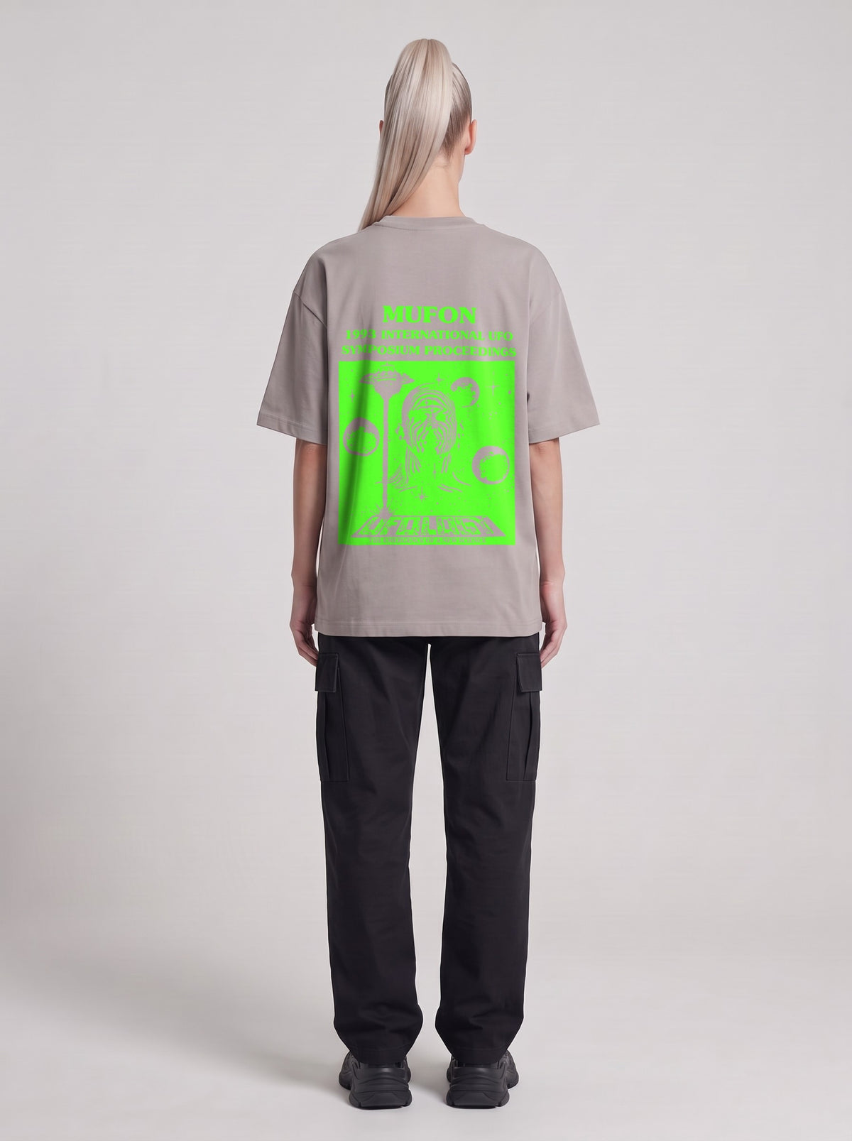Symposium 1993 Neon — Drop Shoulder T-Shirt in Light Gray, back, worn by male model