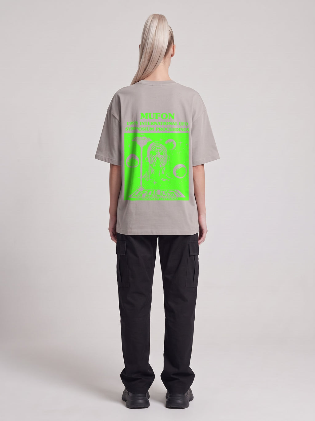 Symposium 1993 Neon — Drop Shoulder T-Shirt in Light Gray, back, worn by female model