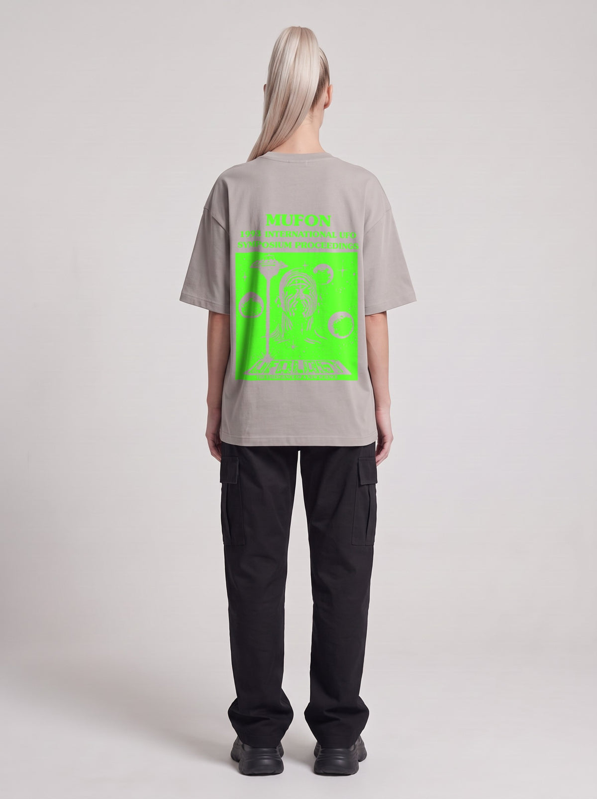 Symposium 1993 Neon — Drop Shoulder T-Shirt in Light Gray, back, worn by female model