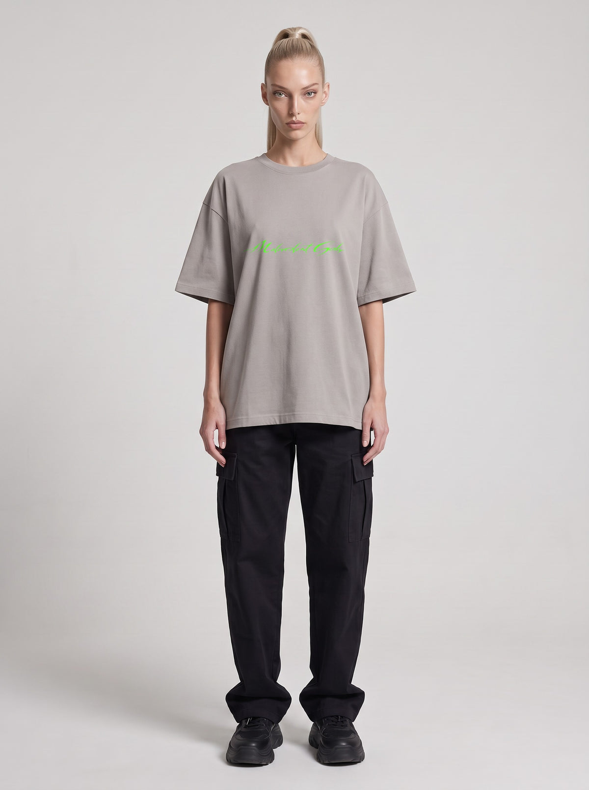 Symposium 1993 Neon — Drop Shoulder T-Shirt in Light Gray, front, worn by female model