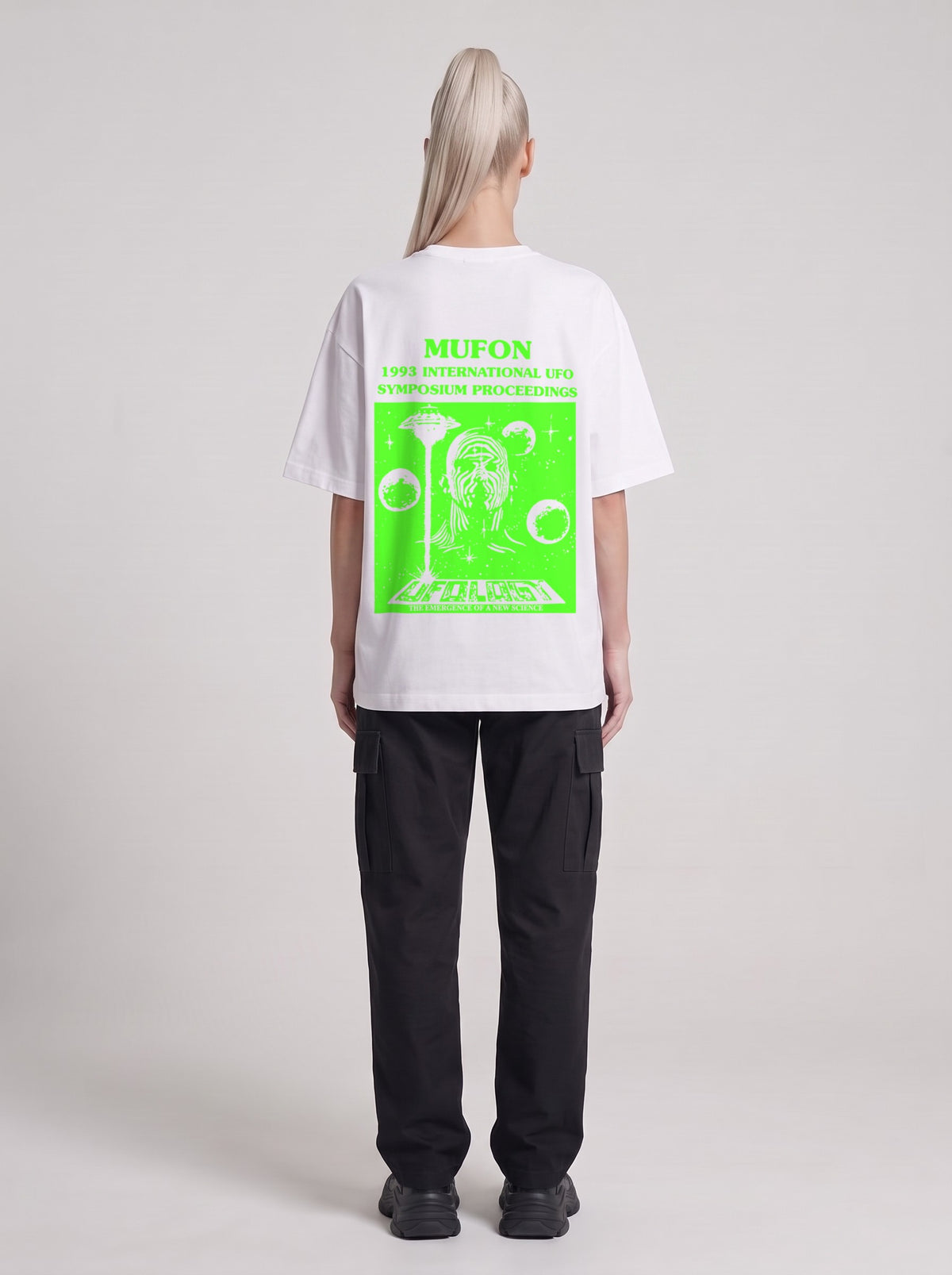 Symposium 1993 Neon — Drop Shoulder T-Shirt in Lucent White, back, worn by male model