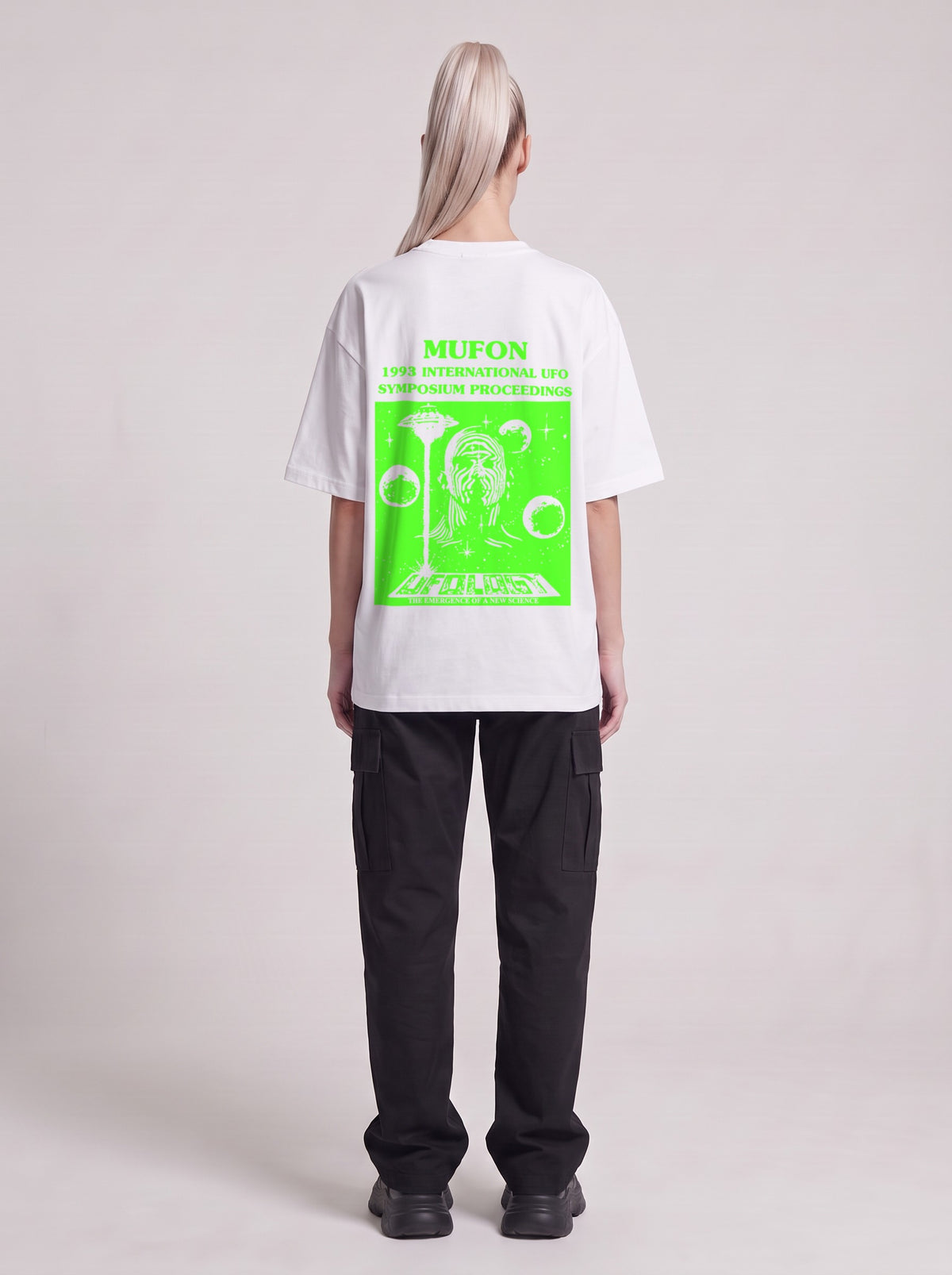 Symposium 1993 Neon — Drop Shoulder T-Shirt in Lucent White, back, worn by female model
