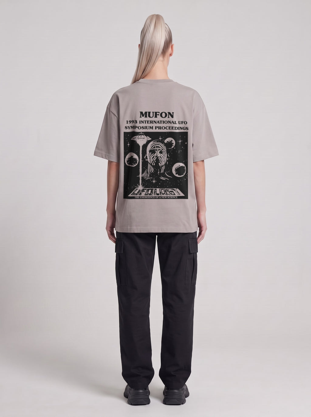 Symposium 1993 — Drop Shoulder T-Shirt in Light Gray, back, worn by male model