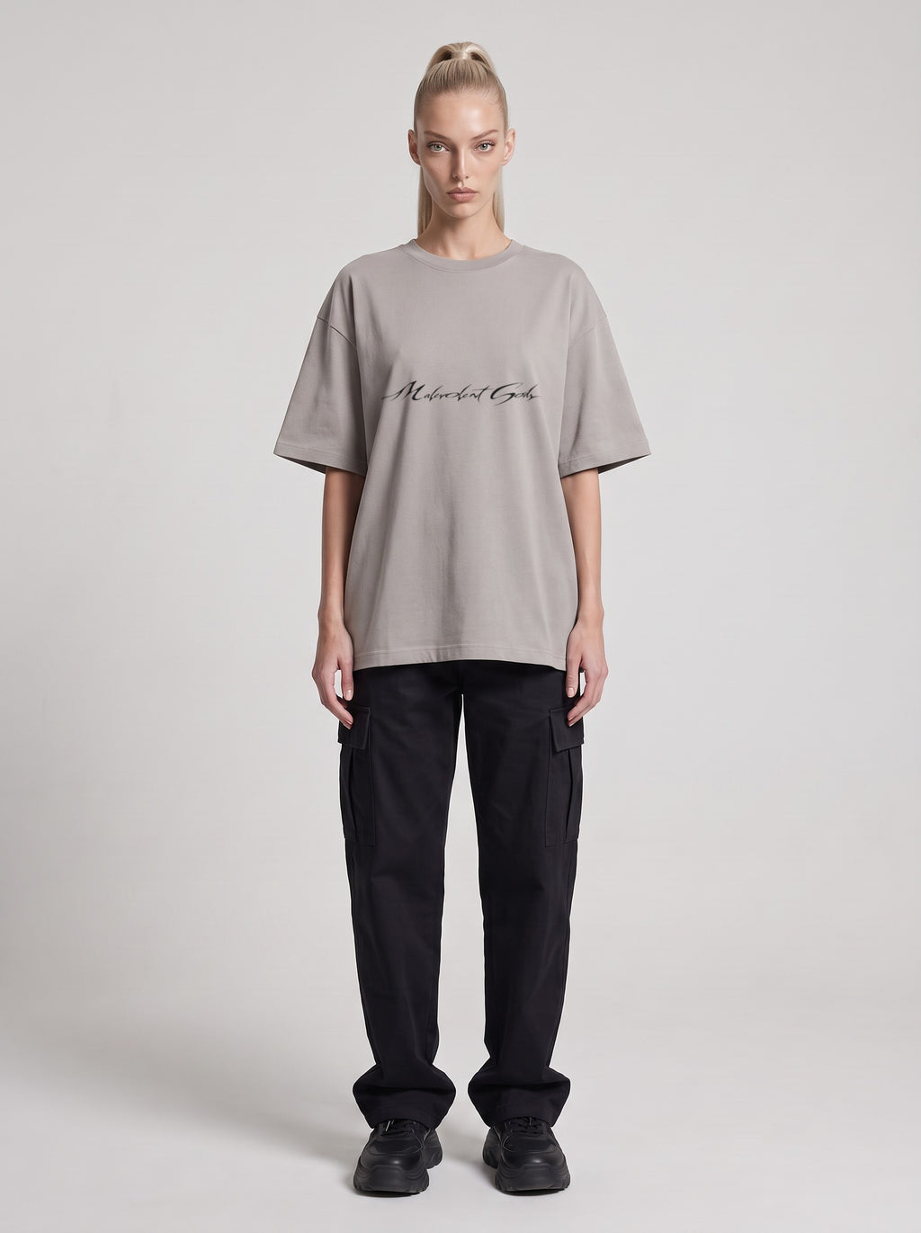 Symposium 1993 — Drop Shoulder T-Shirt in Light Gray, front, worn by female model