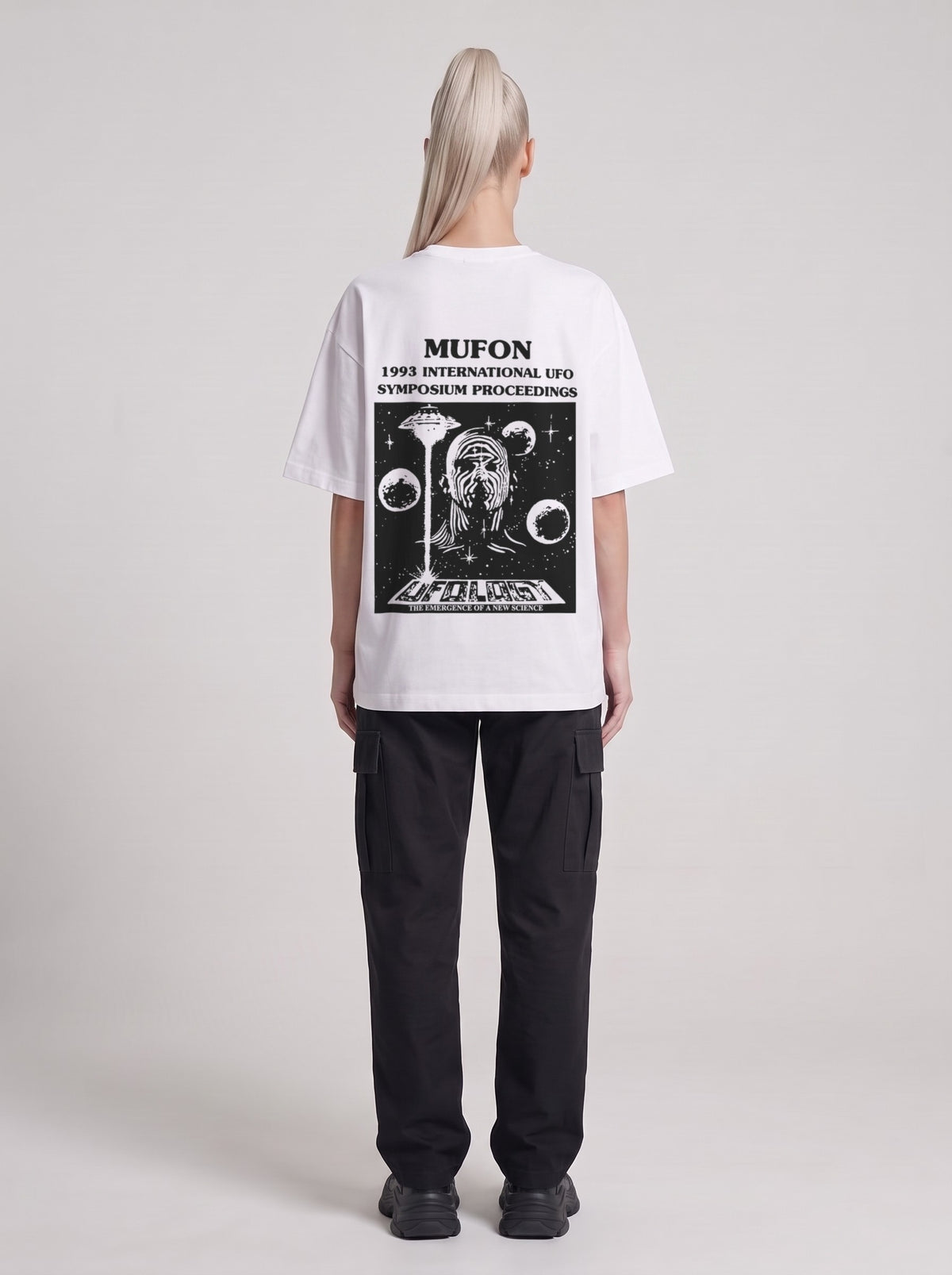 Symposium 1993 — Drop Shoulder T-Shirt in Lucent White, back, worn by male model