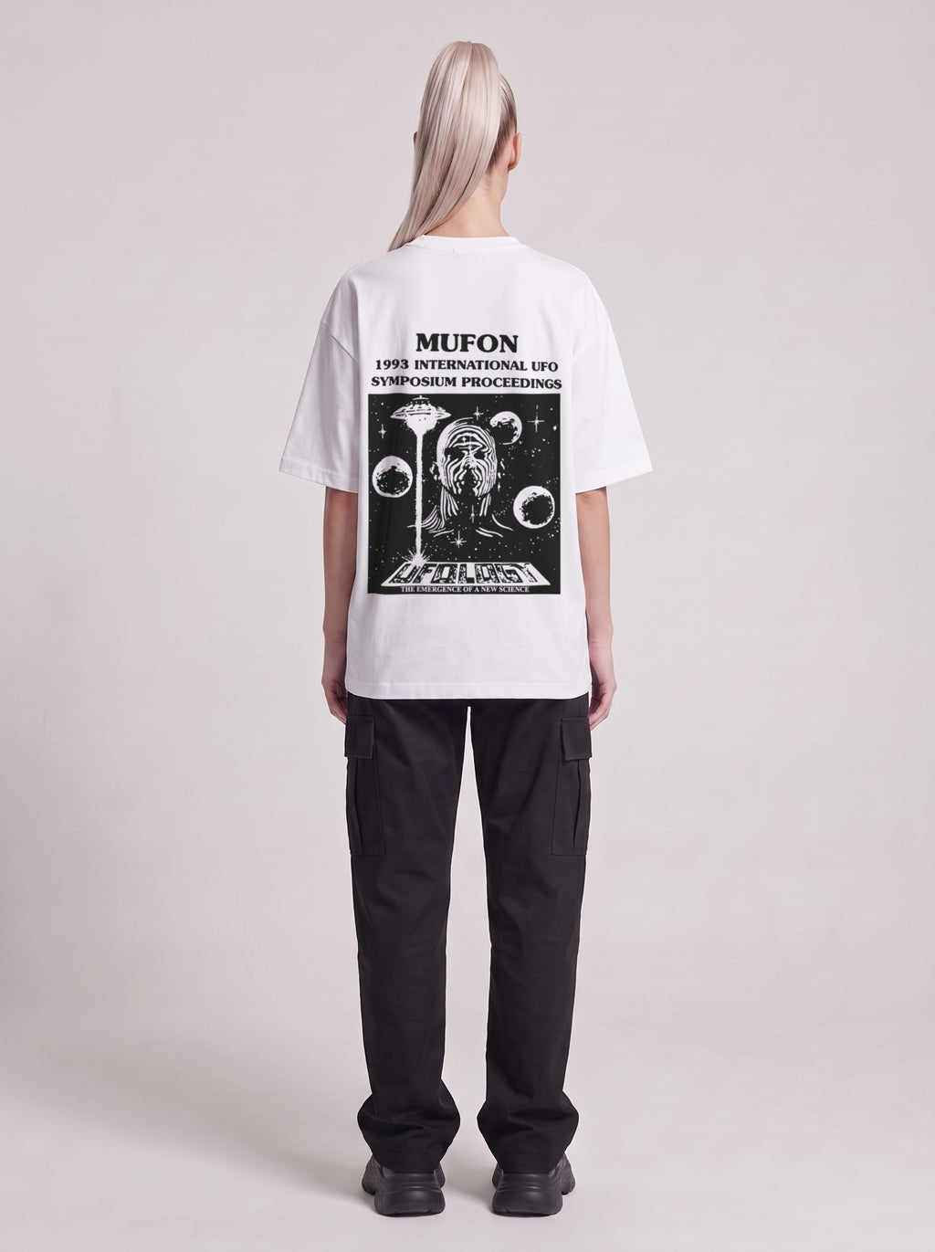 Symposium 1993 — Drop Shoulder T-Shirt in Lucent White, back, worn by female model