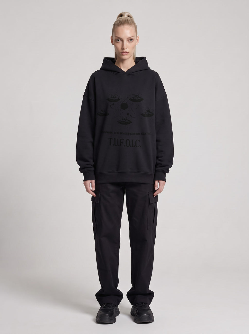 T.U.F.O.I.C. — Boxy Hoodie in Black, front, worn by female model
