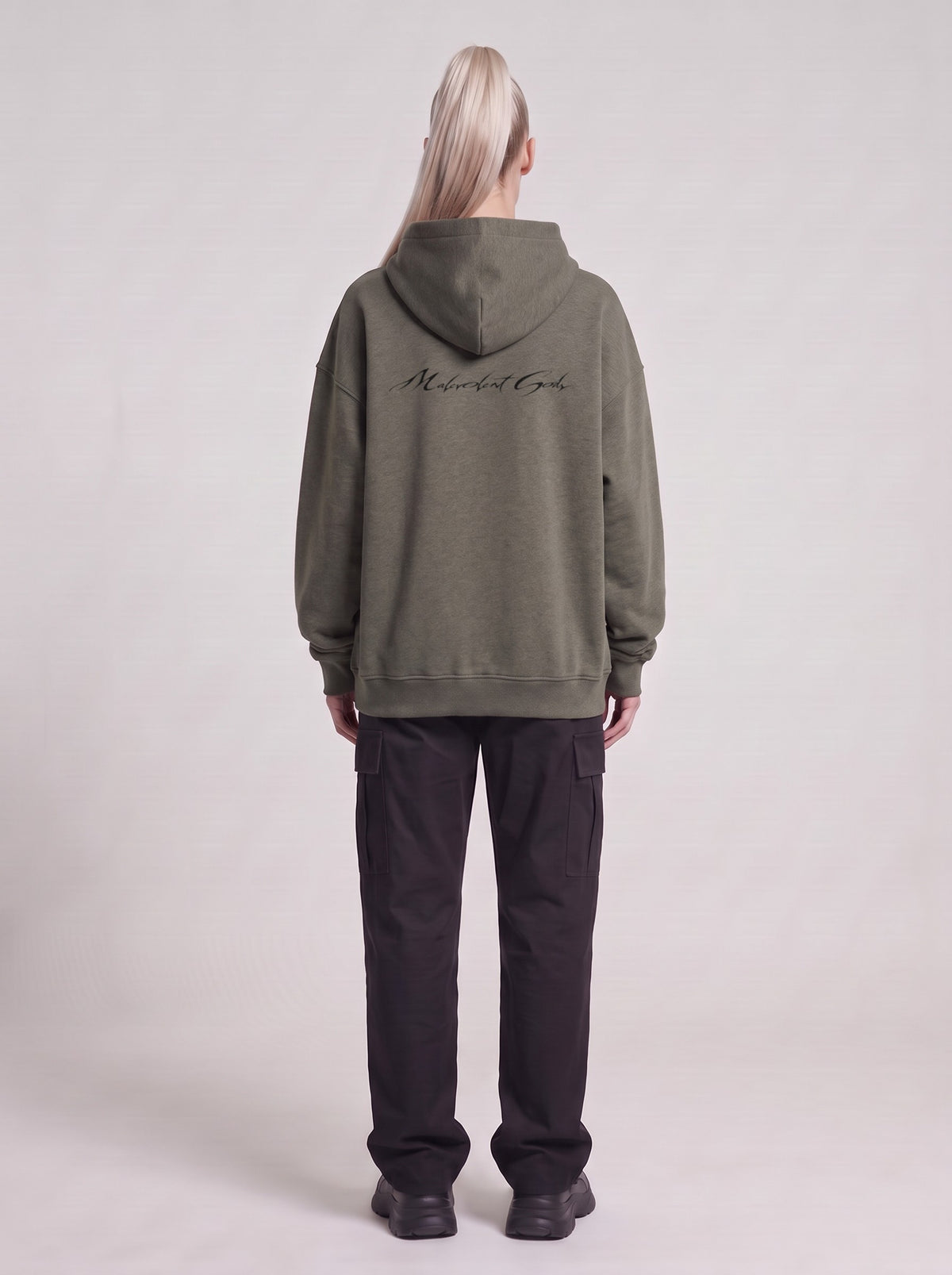 T.U.F.O.I.C. — Boxy Hoodie in Dark Gray, back, worn by female model